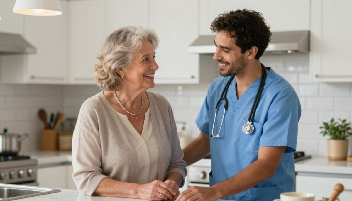 Professional caregiver assisting a senior woman in a bright, modern San Antonio kitchen, both smiling, high resolution, warm lighting, showing companionship and care.
