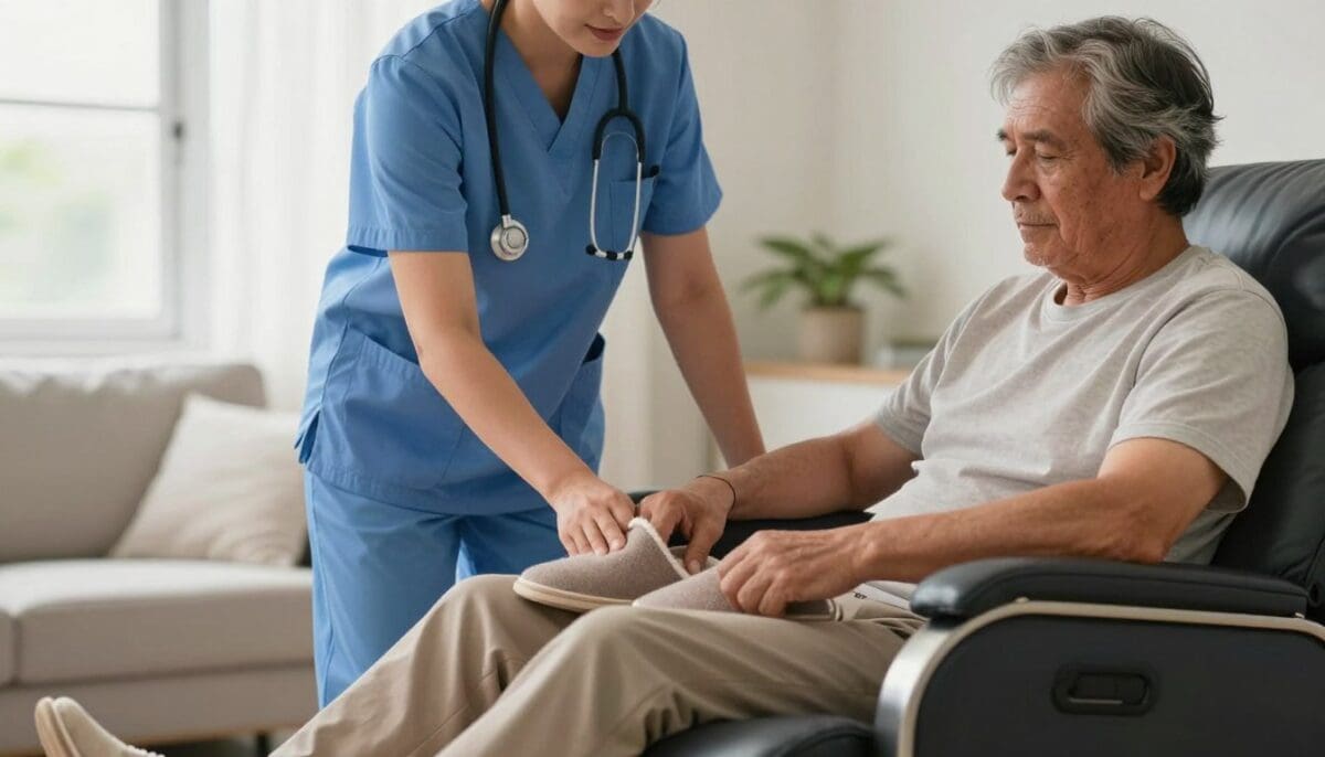 Professional caregiver assisting patient with footwear in a comfortable San Antonio home, post-surgical care support.