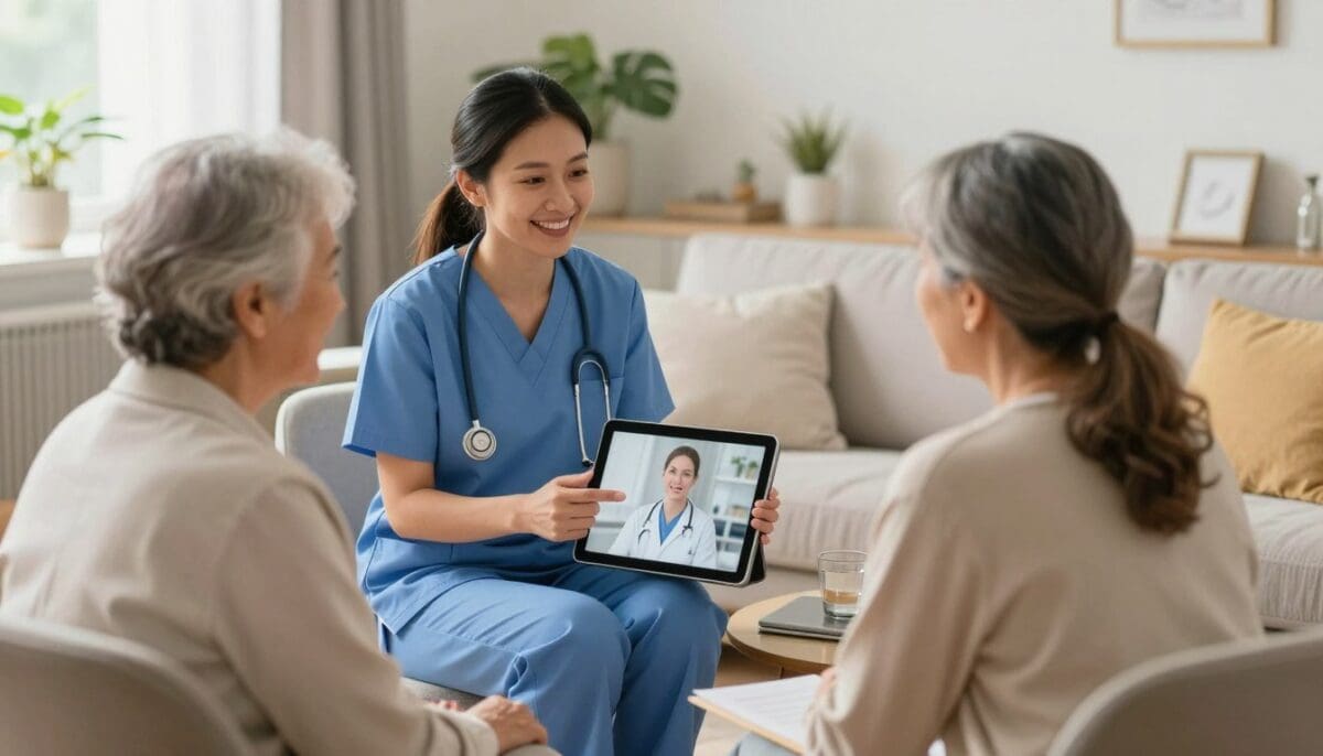 Professional home health care nurse in a bright San Antonio living room, sitting with an elderly patient and using a tablet for a telemedicine consultation with a doctor, warm natural lighting, compassionate and clinical atmosphere, high-quality photography. Professional home health care nurse in a bright San Antonio living room, sitting with an elderly patient and using a tablet for a telemedicine consultation with a doctor, warm natural lighting, compassionate and clinical atmosphere, high-quality photography.