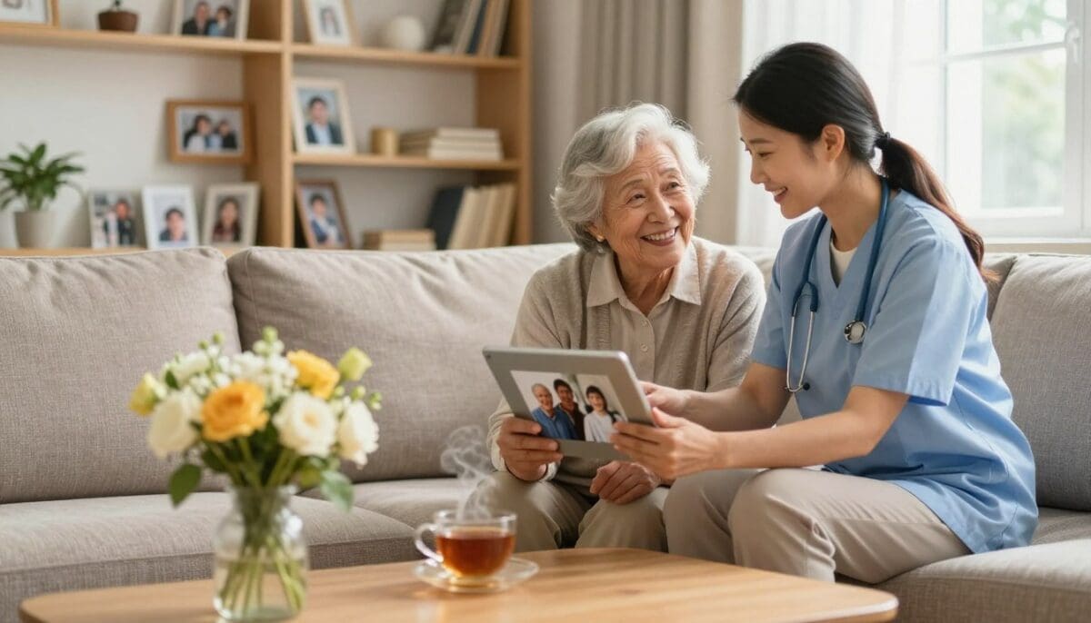 Seniors receiving support and care in a warm, inviting living room setting. Foreground features a cheerful elderly couple seated on a comfortable couch, sharing a joyful moment with a compassionate caregiver. The caregiver, dressed in professional business attire, gently holds a tablet, showing them photos of family. In the middle ground, a cozy coffee table is adorned with fresh flowers and a steaming cup of tea. The background displays softly lit shelves filled with family photos and books, creating a homey atmosphere. Natural light streams in from a nearby window, enhancing the peaceful, nurturing feel. The overall mood is one of warmth, support, and connection, emphasizing the importance of compassionate care for seniors.