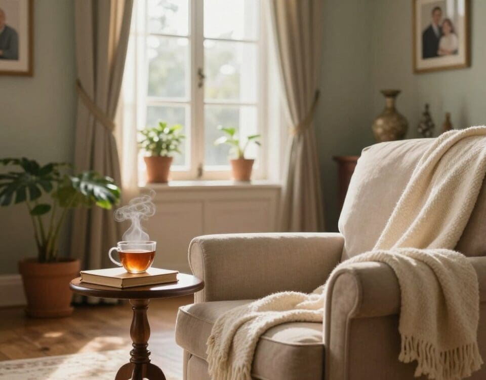 Aging in place in San Antonio: comfortable home setting with plants and a cozy armchair.