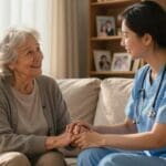 Caregiver and patient in home, supporting caregiver burnout prevention in San Antonio.