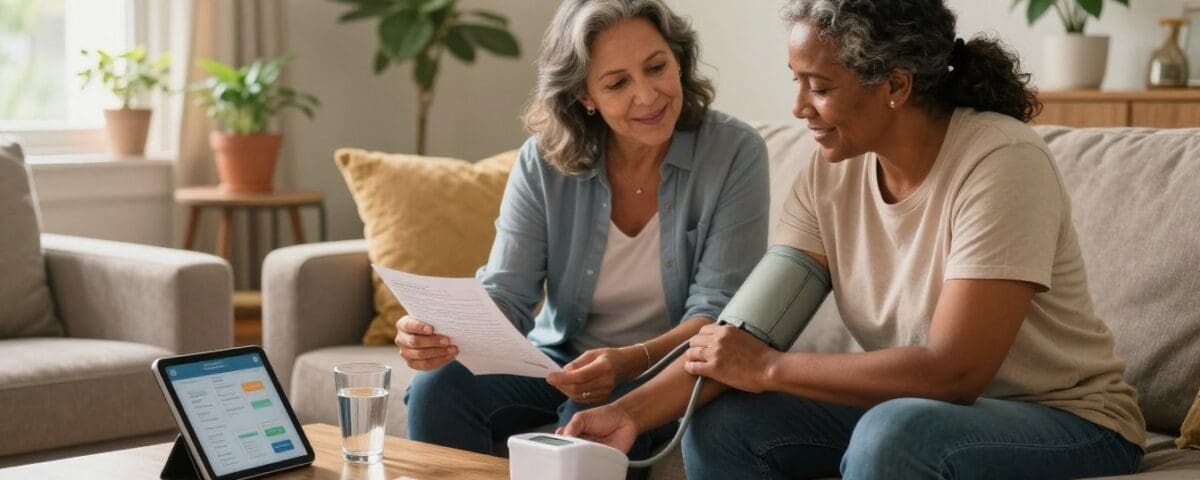 Home healthcare professional monitoring patient's blood pressure in San Antonio living room.