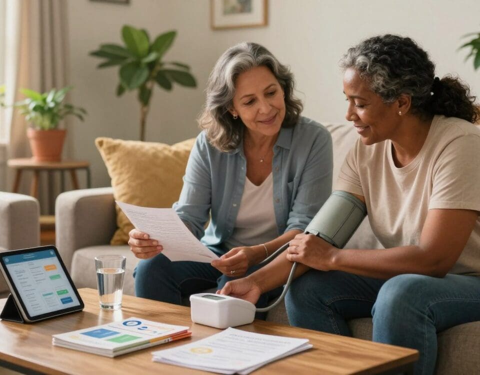 Home healthcare professional monitoring patient's blood pressure in San Antonio living room.