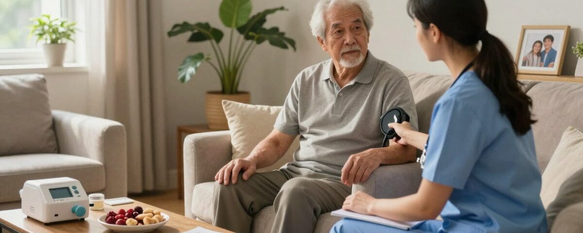 Home care nurse assisting elderly man with COPD in San Antonio home.