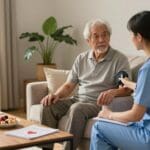 Home care nurse assisting elderly man with COPD in San Antonio home.