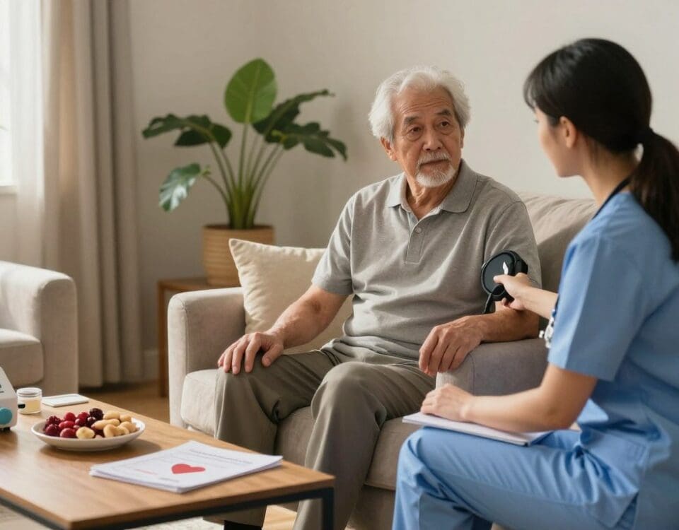 Home care nurse assisting elderly man with COPD in San Antonio home.
