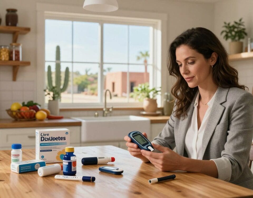 Diabetes care at home in San Antonio, Texas, with medical supplies and a healthcare professional