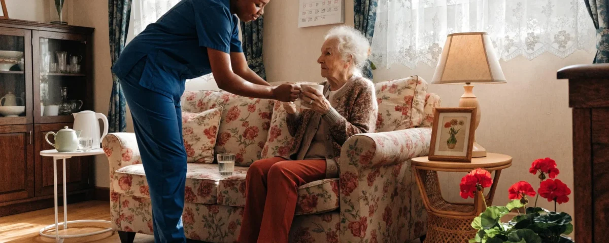 In-home nursing care scene with nurse assisting elderly patient in a cozy living room