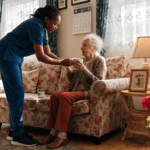 In-home nursing care scene with nurse assisting elderly patient in a cozy living room