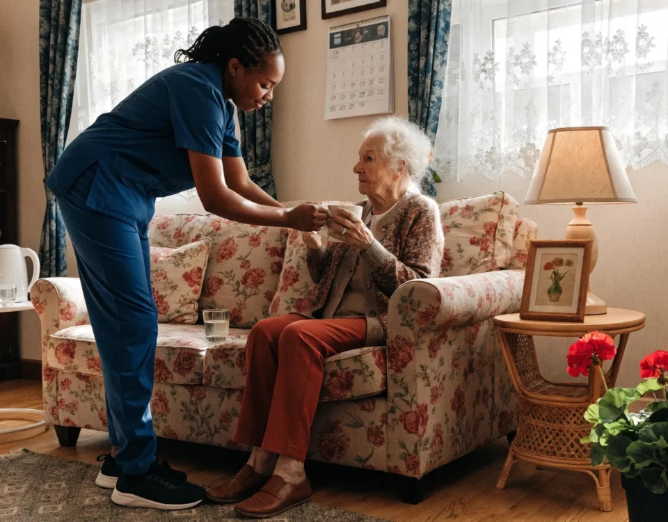 In-home nursing care scene with nurse assisting elderly patient in a cozy living room