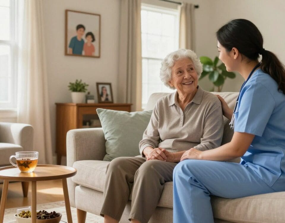 Continu Care Home Health caregiver assisting senior woman in San Antonio home, post-hospital care and companionship.