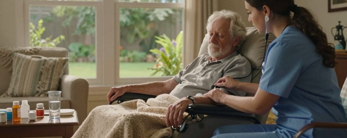 Post-surgical care at home in San Antonio: nurse assisting senior patient with medication and mobility.