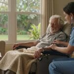 Home health care professional assisting elderly man in San Antonio with post-surgical care.