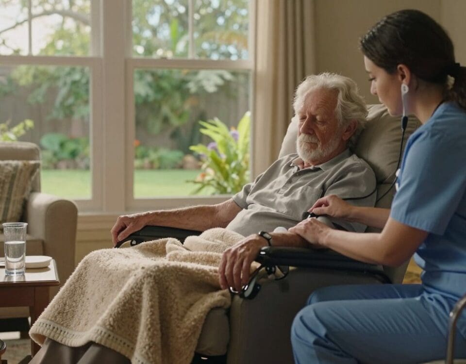 Home health care professional assisting elderly man in San Antonio with post-surgical care.