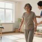 Woman receiving walking assistance from healthcare professional in San Antonio home.