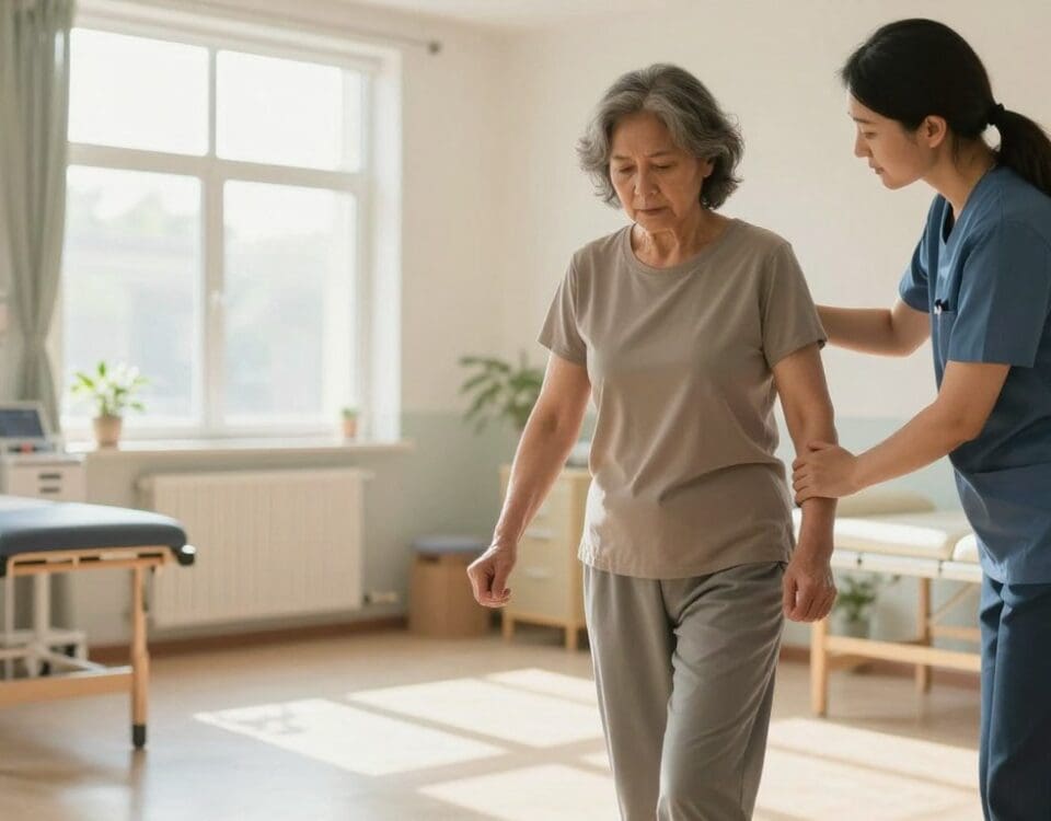 Woman receiving walking assistance from healthcare professional in San Antonio home.