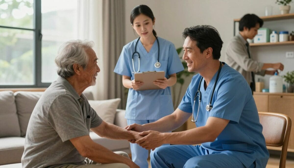 A highly qualified home health care team, featuring three diverse professionals engaged in a compassionate interaction. In the foreground, a middle-aged male nurse, dressed in elegant scrubs, kneels beside an elderly patient in a cozy living room, offering assistance with a warm smile. A female nurse of Asian descent stands nearby, holding a clipboard, her expression attentive and reassuring. In the background, a caring male occupational therapist, wearing smart casual attire, organizes medical supplies on a shelf. Soft, natural lighting filters through a large window, casting a gentle glow that enhances the scene's warmth and comfort. The atmosphere feels nurturing and trustworthy, emphasizing the bond between caregivers and patients. The image captures a sense of home and professionalism, reflecting confidence and compassion in care. A highly qualified home health care team, featuring three diverse professionals engaged in a compassionate interaction. In the foreground, a middle-aged male nurse, dressed in elegant scrubs, kneels beside an elderly patient in a cozy living room, offering assistance with a warm smile. A female nurse of Asian descent stands nearby, holding a clipboard, her expression attentive and reassuring. In the background, a caring male occupational therapist, wearing smart casual attire, organizes medical supplies on a shelf. Soft, natural lighting filters through a large window, casting a gentle glow that enhances the scene's warmth and comfort. The atmosphere feels nurturing and trustworthy, emphasizing the bond between caregivers and patients. The image captures a sense of home and professionalism, reflecting confidence and compassion in care.
