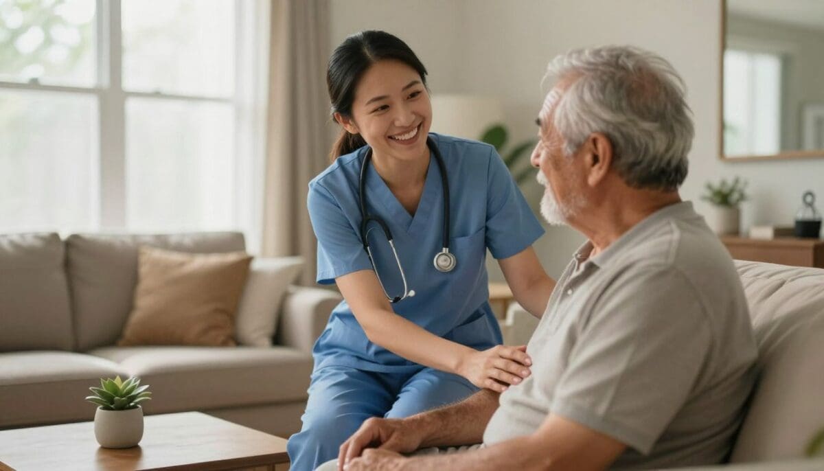 A professional home health nurse in scrubs smiling while helping a senior patient in a bright San Antonio living room, soft natural light, warm and supportive atmosphere, high-quality photography. A professional home health nurse in scrubs smiling while helping a senior patient in a bright San Antonio living room, soft natural light, warm and supportive atmosphere, high-quality photography.