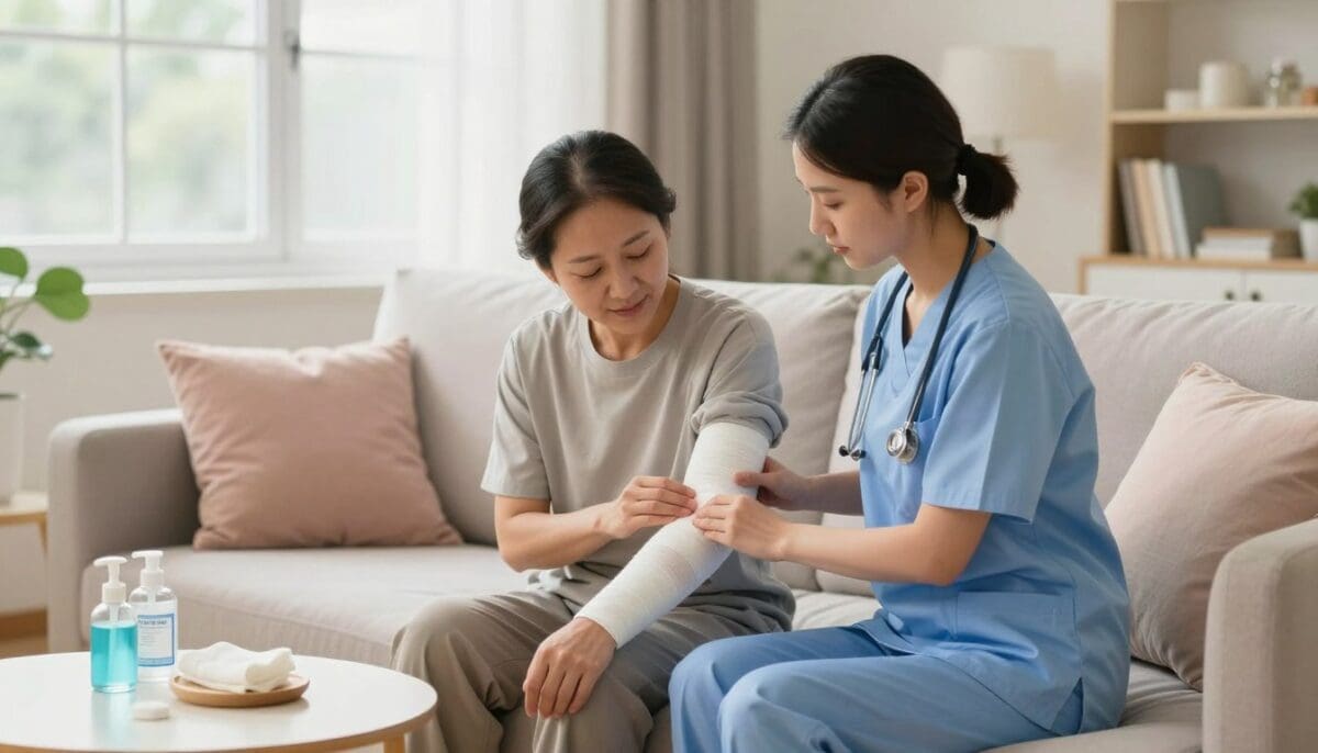 A serene home health care scene featuring a compassionate nurse assisting a post-surgical patient in a cozy living room. In the foreground, the nurse, dressed in professional scrubs, carefully tends to a bandaged arm, demonstrating wound care with gentle precision. The middle ground includes a comfortable sofa adorned with soft pillows, and a small table with medical supplies like antiseptic and gauze neatly arranged. The background showcases warm, natural lighting filtering through large windows, giving a sense of tranquility and healing. Light pastel colors dominate the decor, enhancing the inviting atmosphere. The overall mood is calm and supportive, symbolizing the comforting environment of comprehensive home health services that foster recovery and well-being. A serene home health care scene featuring a compassionate nurse assisting a post-surgical patient in a cozy living room. In the foreground, the nurse, dressed in professional scrubs, carefully tends to a bandaged arm, demonstrating wound care with gentle precision. The middle ground includes a comfortable sofa adorned with soft pillows, and a small table with medical supplies like antiseptic and gauze neatly arranged. The background showcases warm, natural lighting filtering through large windows, giving a sense of tranquility and healing. Light pastel colors dominate the decor, enhancing the inviting atmosphere. The overall mood is calm and supportive, symbolizing the comforting environment of comprehensive home health services that foster recovery and well-being.