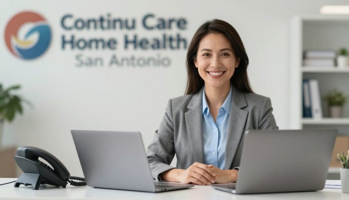 An image of a friendly healthcare administrator at Continu Care Home Health in San Antonio, sitting at a clean desk with a telephone and a laptop, smiling warmly, with soft medical office branding in the background, bright and welcoming atmosphere, high-quality photography. An image of a friendly healthcare administrator at Continu Care Home Health in San Antonio, sitting at a clean desk with a telephone and a laptop, smiling warmly, with soft medical office branding in the background, bright and welcoming atmosphere, high-quality photography.