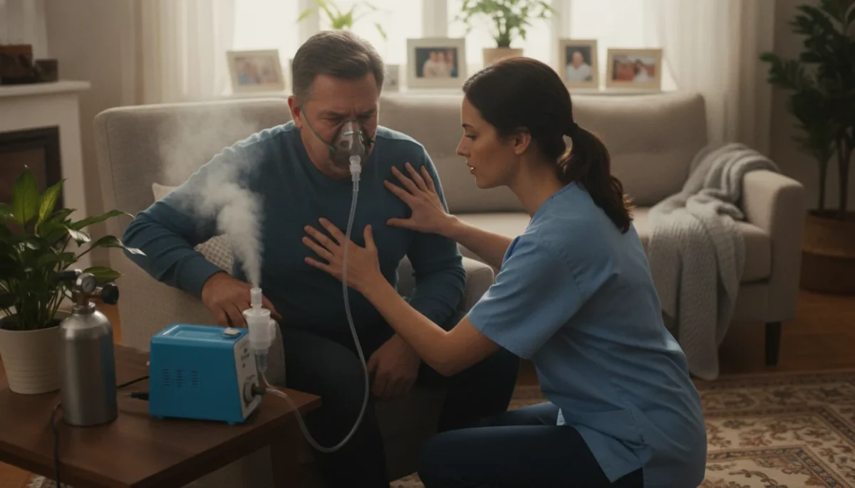 A compassionate home health care scene depicting a professional caregiver administering emergency support to a middle-aged patient with COPD in a cozy living room setting. In the foreground, the caregiver is in modest, professional attire, attentively checking the patient's breathing. The middle ground features medical equipment like a portable nebulizer and an oxygen tank, strategically placed nearby, emphasizing readiness. The background includes warm ambient lighting and homey decor, such as family photos and plants, creating a comforting atmosphere. The image should convey a mood of urgency mixed with reassurance, capturing the essence of vital support in a familiar environment. The angle is slightly elevated, showcasing both the caregiver and patient while inviting the viewer into this intimate moment of care. A compassionate home health care scene depicting a professional caregiver administering emergency support to a middle-aged patient with COPD in a cozy living room setting. In the foreground, the caregiver is in modest, professional attire, attentively checking the patient's breathing. The middle ground features medical equipment like a portable nebulizer and an oxygen tank, strategically placed nearby, emphasizing readiness. The background includes warm ambient lighting and homey decor, such as family photos and plants, creating a comforting atmosphere. The image should convey a mood of urgency mixed with reassurance, capturing the essence of vital support in a familiar environment. The angle is slightly elevated, showcasing both the caregiver and patient while inviting the viewer into this intimate moment of care.