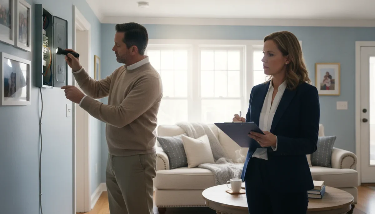 A cozy living room scene during a home safety inspection, focusing on a professional inspector examining smoke detectors and carbon monoxide alarms. In the foreground, a middle-aged woman in modest, professional attire is attentively reviewing a checklist on a clipboard, while a man, dressed in business casual, is using a flashlight to inspect an electrical panel. The middle ground features a well-organized living space with a comfy sofa, family photos on the walls, and a warm, inviting atmosphere. The background shows bright natural light streaming through a window, illuminating the room with a sense of safety and care. The overall mood is one of professionalism and diligence, highlighting the importance of maintaining a safe home environment.
