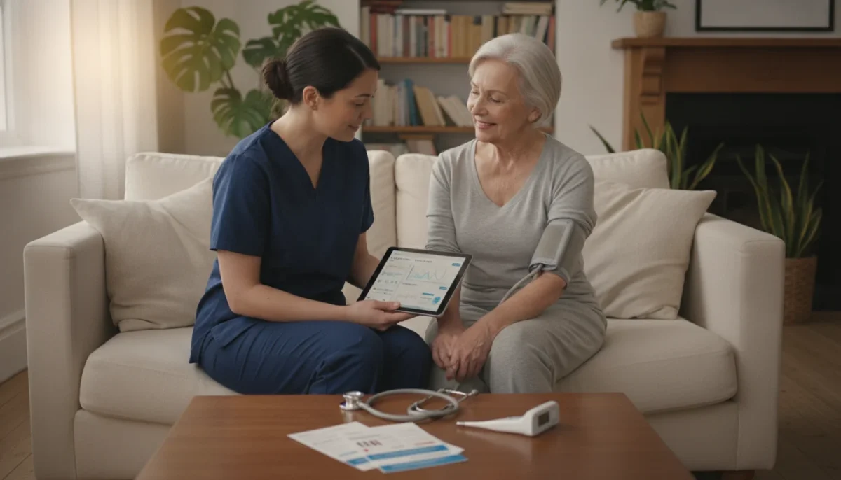 A skilled nurse in a modern home setting, intently conducting an in-home nursing assessment. In the foreground, the nurse, wearing professional attire, is seated beside a patient on a comfortable sofa, examining medical equipment like a digital blood pressure monitor and a tablet displaying patient data. In the middle, a well-organized side table holds various nursing tools: a stethoscope, a thermometer, and medical pamphlets. The background features a cozy living room with soft lighting, a bookshelf, and houseplants, creating a warm and welcoming atmosphere. The scene is captured from a slightly elevated angle to showcase the interaction between the nurse and the patient, conveying professionalism and care. The lighting is bright yet soft, emphasizing the intimacy and importance of the assessment process.
