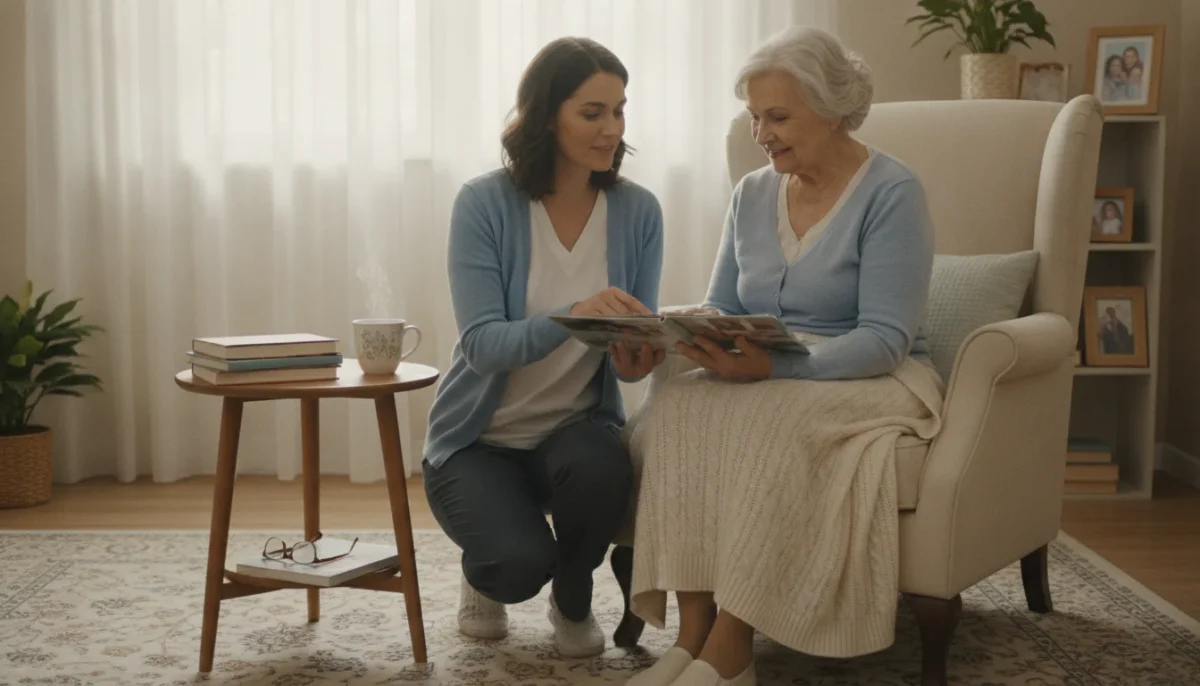 A warm and inviting living room scene that illustrates non-medical home care services. In the foreground, a compassionate caregiver in smart casual clothing provides assistance to an elderly person sitting comfortably in a cozy armchair, with a soft blanket draped over their lap. The caregiver smiles gently, showcasing a friendly interaction. In the middle, a small table holds a cup of tea and some books, emphasizing a home-like atmosphere. In the background, natural light streams in through a window adorned with light curtains, illuminating the space and creating a serene ambiance. The overall mood is warm and supportive, depicting a nurturing environment that benefits families seeking home care services.