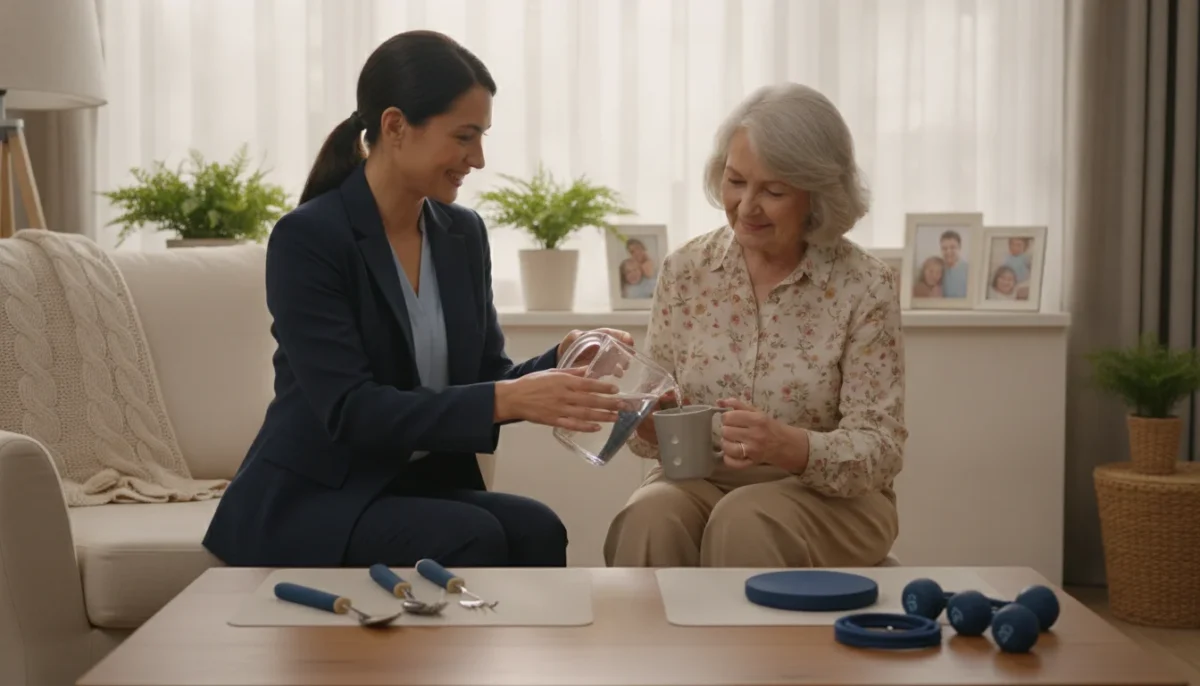 A warm and inviting living room setting for seniors undergoing occupational therapy at home. In the foreground, a compassionate occupational therapist, dressed in professional business attire, engages with a senior client, offering gentle guidance as they practice daily living skills, such as pouring water into a cup. The senior, dressed in modest, comfortable clothing, exhibits a sense of accomplishment and joy. In the middle, various therapeutic tools are visible, like adaptive utensils and balance aids, arranged neatly on a coffee table. The background features soft, natural lighting streaming through a window, illuminating house plants, framed family photos, and a cozy armchair, enhancing a calm atmosphere. The scene captures the essence of restoring independence, filled with hope and connection.