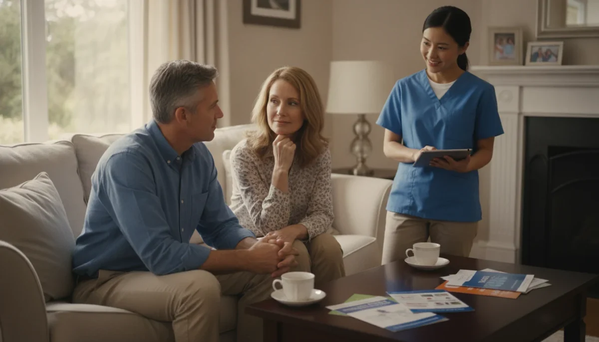 A warm, inviting scene depicting a professional meeting between a family and a home health care provider in a cozy living room setting. In the foreground, a middle-aged couple, dressed in smart casual attire, are seated at a comfortable sofa, showing expressions of contemplation and inquiry. The home health care provider, a nurse in a crisp, professional uniform, stands with a reassuring smile, holding a tablet and discussing care options. In the middle ground, a coffee table is neatly arranged with pamphlets about home health services. The background features soft natural light streaming through a window, enhancing the comforting atmosphere. The image conveys a sense of trust, warmth, and professionalism in selecting the right home health provider, captured with a slight depth of field to focus on the interaction.