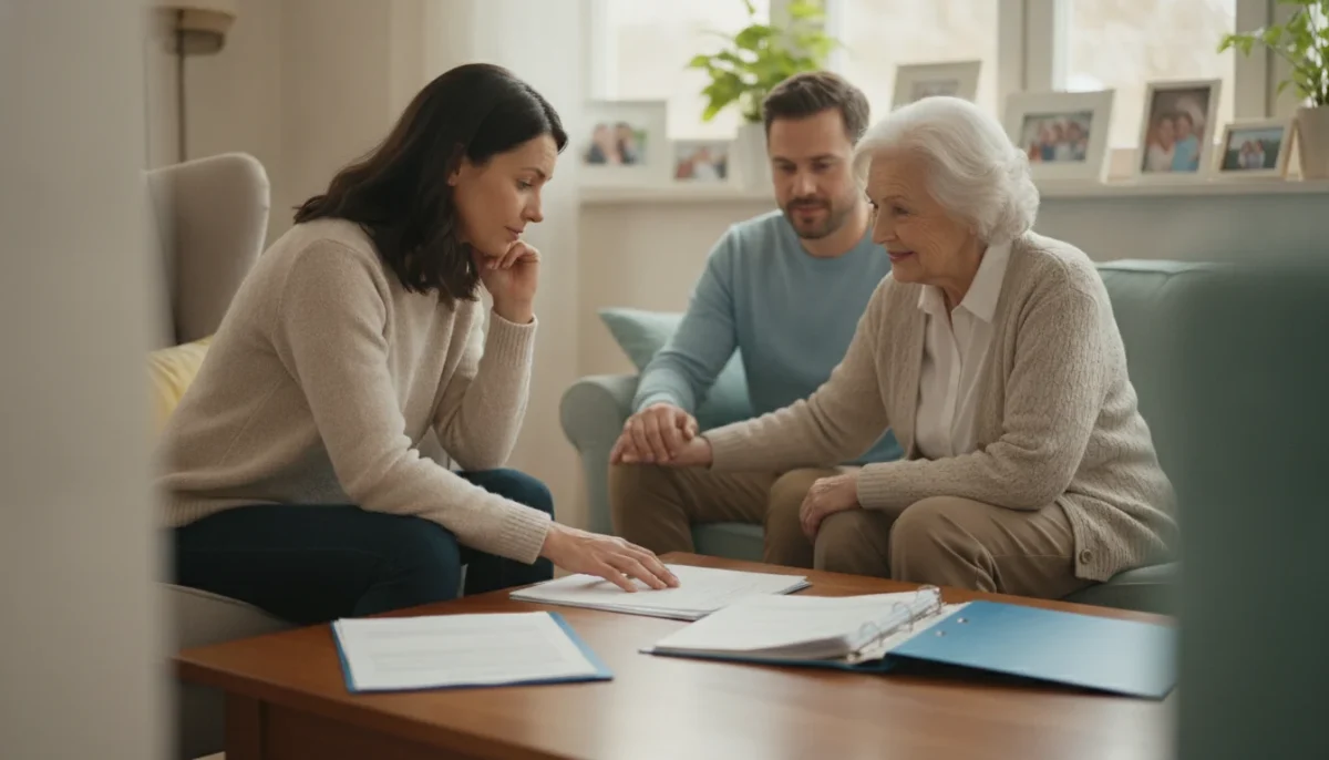 A welcoming and serene living room setting, capturing a family gathering around a coffee table. In the foreground, a thoughtful adult child is seated, looking at care planning documents spread out on the table, highlighting the importance of family discussions. The middle ground features an elderly parent, comfortably dressed in modest casual attire, engaged in conversation with a warm, reassuring expression. In the background, soft natural light filters through a window, illuminating family photos and plants, creating a nurturing atmosphere. The scene conveys a sense of love and dedication, emphasizing the family's commitment to thoughtful care decisions. Shot with a soft focus lens to enhance warmth, and a gentle, inviting color palette to evoke a sense of calm and reassurance.