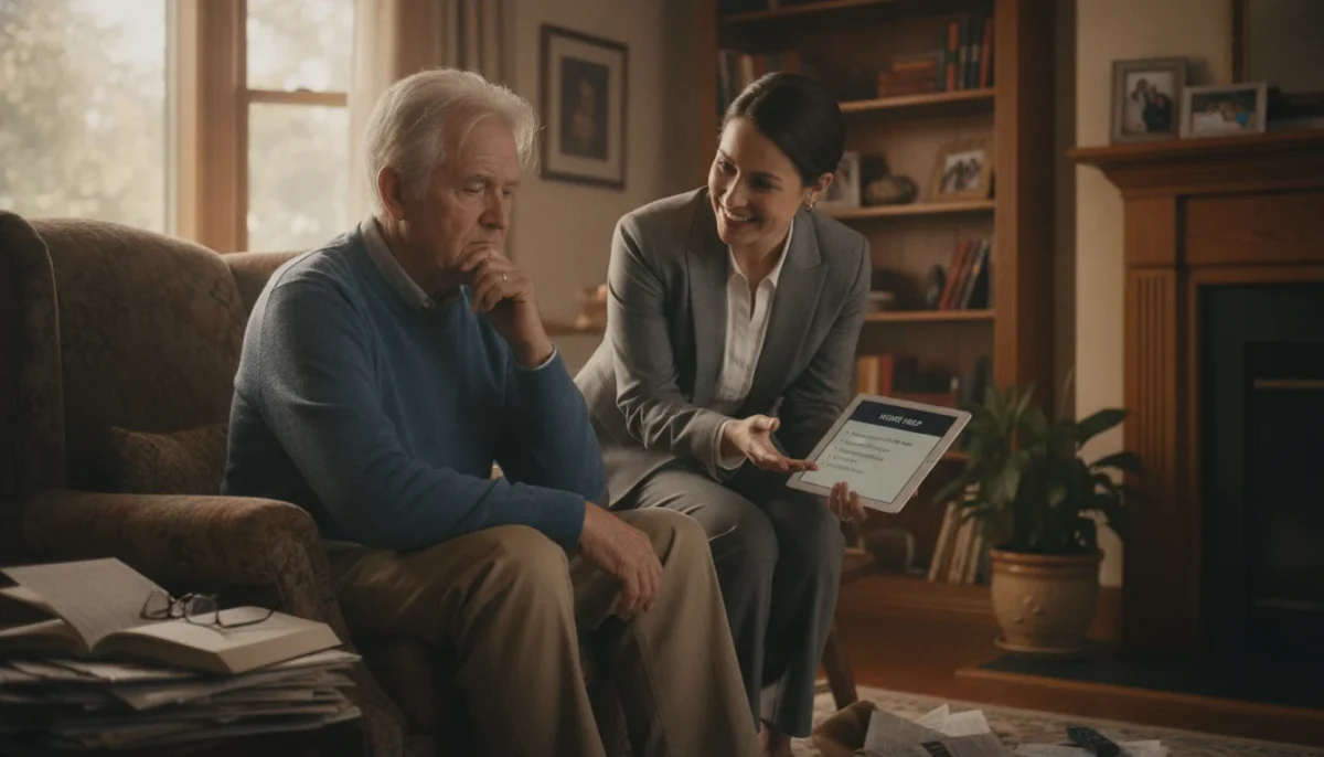 A cozy living room setting portraying an elderly parent in their home. In the foreground, an elderly man with gray hair, wearing comfortable yet tidy casual clothing, sits in a well-worn armchair, appearing contemplative and slightly overwhelmed, surrounded by a few scattered items that suggest disorganization. In the middle ground, a concerned adult child, dressed in professional business attire, is gently offering assistance while pointing to a list of tasks that need attention, like clutter removal and light fixtures needing change. The background features soft lighting, with warm, welcoming hues streaming in from a window, casting a gentle glow that creates an atmosphere of care and concern. The overall mood is one of compassion and awareness, highlighting the importance of noticing subtle signs in a loved one's life.