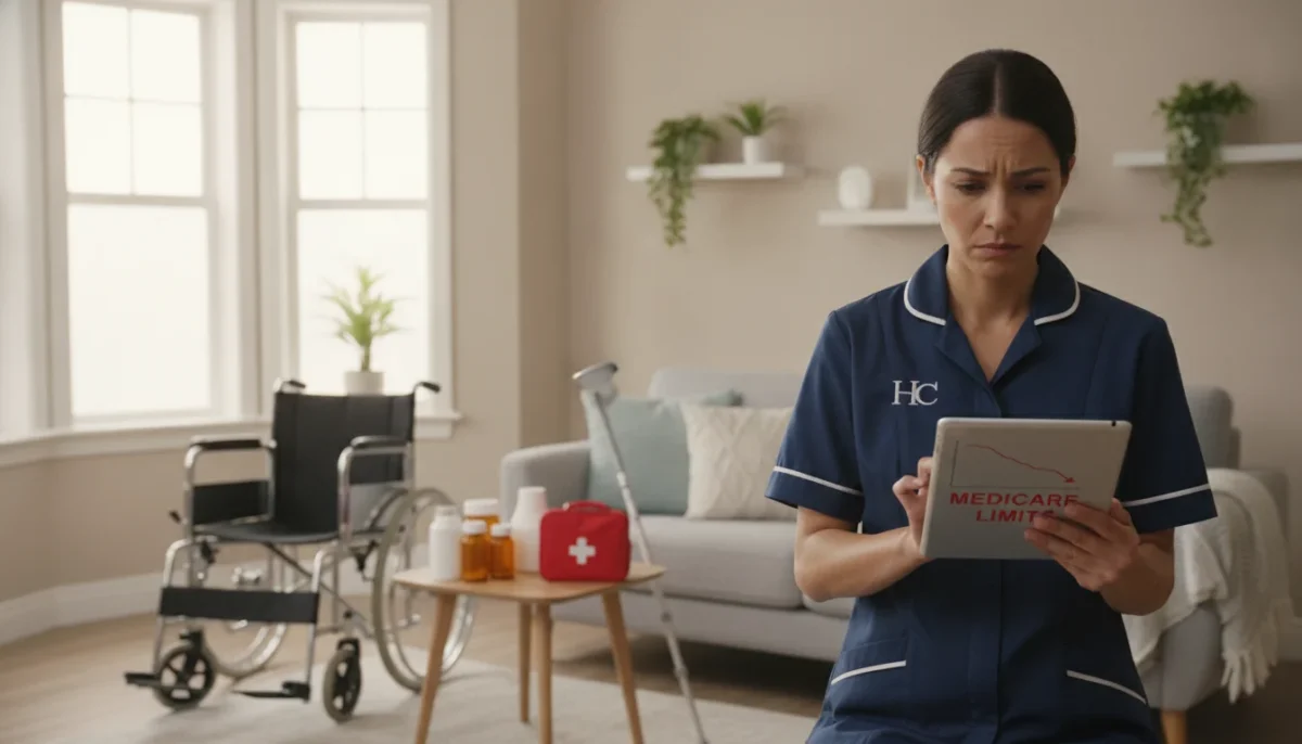A serene home health care setting showcasing a living room with soft, natural lighting filtering through large windows. In the foreground, a care worker in professional attire examines a tablet with a concerned expression, symbolizing the restrictions of Medicare coverage. In the middle ground, various home health care items are displayed, such as an empty wheelchair, medication bottles, and a first-aid kit, subtly emphasizing exclusions. The background features a cozy domestic environment with light-colored walls, plants, and a comfortable couch, conveying both warmth and limitations. The overall mood should evoke a sense of professionalism, with an underlying tension highlighting what is not covered in Medicare home health care. The angle should be slightly elevated to capture the entire scene effectively while maintaining focus on the caregiver's thoughtful demeanor.