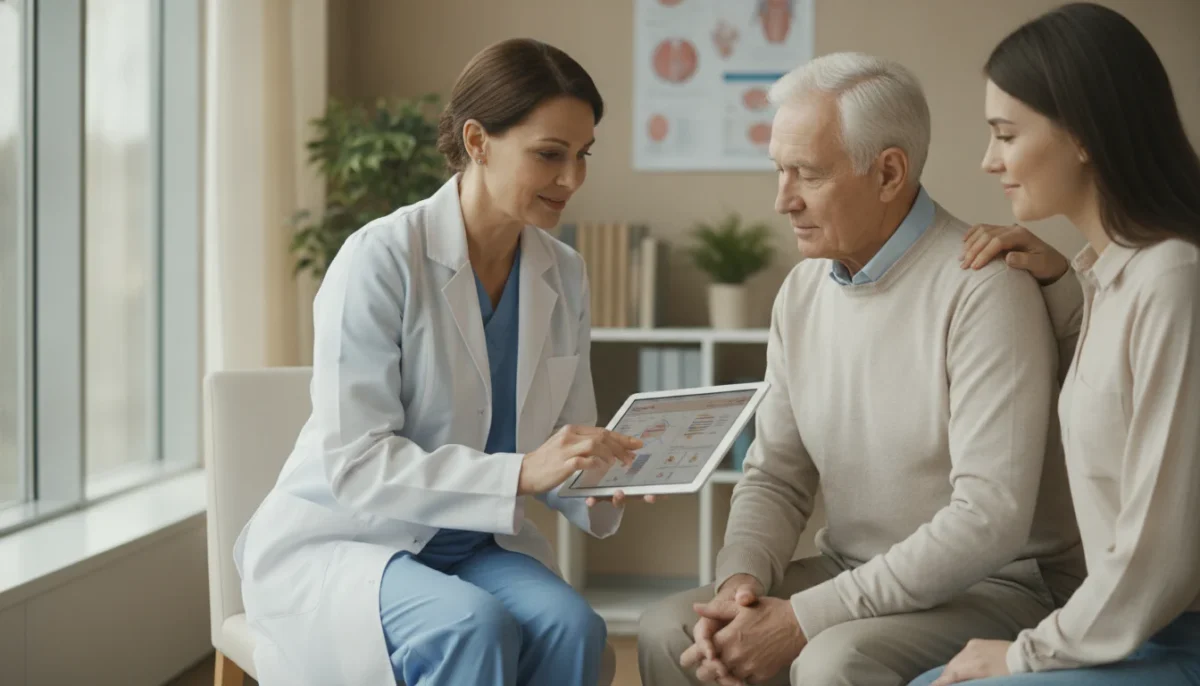 A warm and inviting hospital setting during daytime, focusing on a caring healthcare professional in a tailored lab coat discussing follow-up care with an elderly patient seated in a cozy consultation area. The foreground highlights the professional, a middle-aged woman with a compassionate expression, using a tablet to review care plans, while the elderly patient, an elderly man in modest casual clothing, listens attentively. In the background, a family member is seen providing support, contributing to the collaborative atmosphere. Soft, natural light filters through large windows, creating a calm and optimistic mood. The camera angle is slightly angled down, emphasizing connection and attentiveness, while soft-focus elements in the background suggest other healthcare resources available. A warm and inviting hospital setting during daytime, focusing on a caring healthcare professional in a tailored lab coat discussing follow-up care with an elderly patient seated in a cozy consultation area. The foreground highlights the professional, a middle-aged woman with a compassionate expression, using a tablet to review care plans, while the elderly patient, an elderly man in modest casual clothing, listens attentively. In the background, a family member is seen providing support, contributing to the collaborative atmosphere. Soft, natural light filters through large windows, creating a calm and optimistic mood. The camera angle is slightly angled down, emphasizing connection and attentiveness, while soft-focus elements in the background suggest other healthcare resources available.