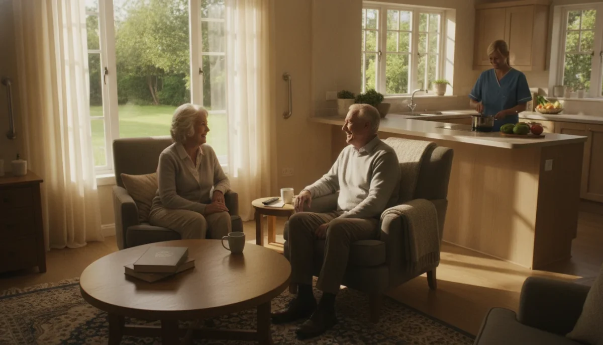 A warm and inviting living room scene, emphasizing the concept of aging in place support. In the foreground, a senior couple is engaged in a friendly conversation, sitting comfortably in cozy armchairs. They are dressed in modest casual clothing, exuding a sense of companionship. The middle ground features a well-organized space with adaptive furniture, such as a sturdy coffee table and grab bars beside a window adorned with soft curtains. In the background, a caregiver, dressed in professional attire, is preparing a light meal in a bright, accessible kitchen. Natural light filters through the windows, creating a welcoming atmosphere. The angle captures the scene from slightly above, highlighting the warmth of the space and the interactions, evoking feelings of safety, support, and home.