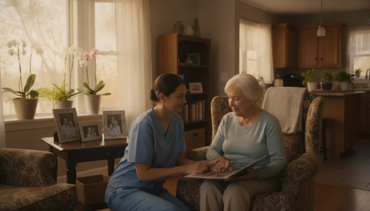 A warm and inviting scene depicting dementia care at home. In the foreground, a compassionate professional caregiver, dressed in modest scrubs, gently assists an elderly person sitting on a comfortable armchair, surrounded by cozy home decor. The elderly individual has a calm expression, engaging in a simple activity like looking through family photos. In the middle ground, a soft, well-lit living room setting features warm lighting from a nearby window, casting a golden glow. Personal touches like family portraits and a few flowering plants enhance the homely atmosphere. In the background, a well-organized kitchen can be seen, suggesting a supportive environment. The overall mood is serene and nurturing, symbolizing the importance of professional care in keeping loved ones safe and comfortable as dementia progresses.