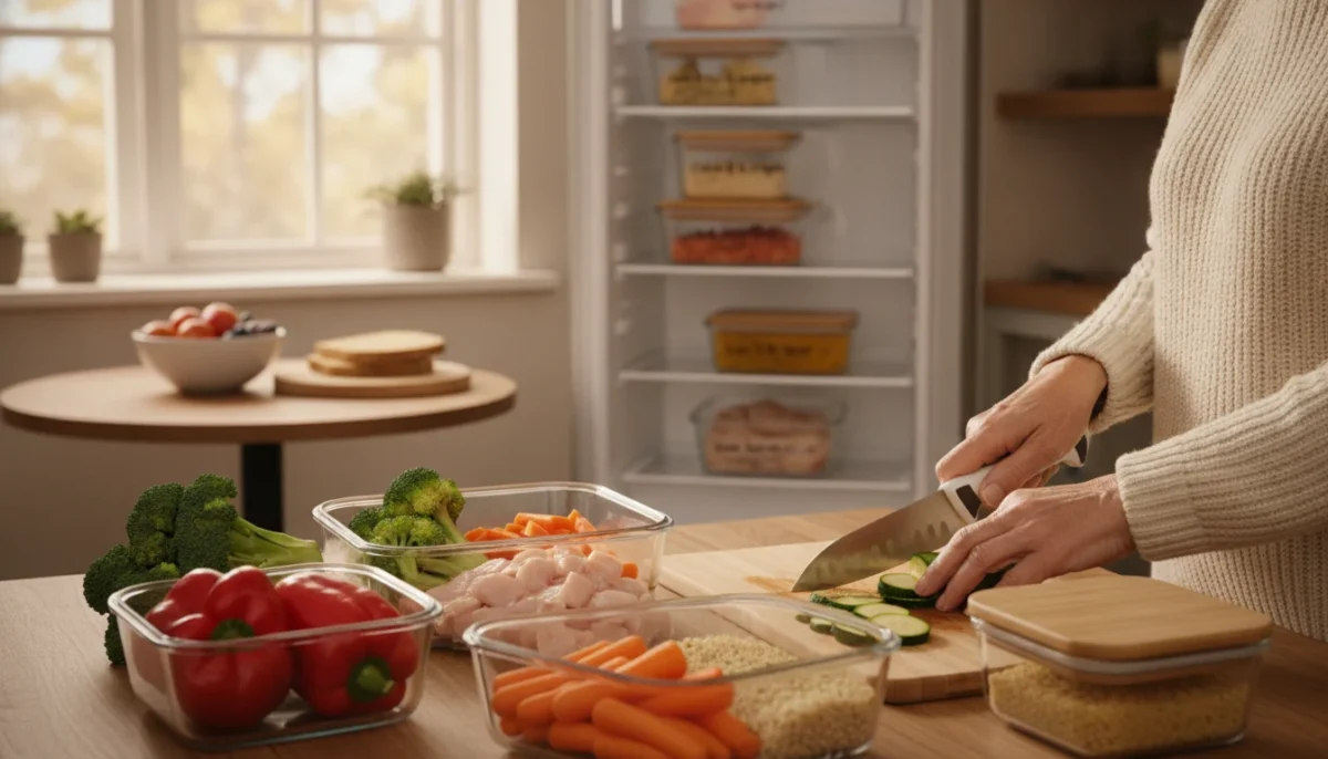 A well-organized meal prep scene designed for older adults, featuring a bright kitchen setting. In the foreground, a wooden countertop displays colorful, neatly arranged ingredients like diced vegetables, lean proteins, and whole grains in clear containers. A close-up of a senior's hands, wearing modest casual clothing, skillfully chopping vegetables while utilizing an adaptive, easy-to-grip utensil for safety. In the middle ground, an open refrigerator showcases labeled meal prep containers for organized access. The background includes a sunlit kitchen with warm, inviting colors, possibly a small table set with fresh fruits. The atmosphere is warm and inviting, promoting healthy eating and independence. Natural light filters in, creating a cheerful ambiance ideal for meal preparation. The lens captures a soft focus on the details, emphasizing both the ingredients and the act of meal prepping clearly and effectively. A well-organized meal prep scene designed for older adults, featuring a bright kitchen setting. In the foreground, a wooden countertop displays colorful, neatly arranged ingredients like diced vegetables, lean proteins, and whole grains in clear containers. A close-up of a senior's hands, wearing modest casual clothing, skillfully chopping vegetables while utilizing an adaptive, easy-to-grip utensil for safety. In the middle ground, an open refrigerator showcases labeled meal prep containers for organized access. The background includes a sunlit kitchen with warm, inviting colors, possibly a small table set with fresh fruits. The atmosphere is warm and inviting, promoting healthy eating and independence. Natural light filters in, creating a cheerful ambiance ideal for meal preparation. The lens captures a soft focus on the details, emphasizing both the ingredients and the act of meal prepping clearly and effectively.